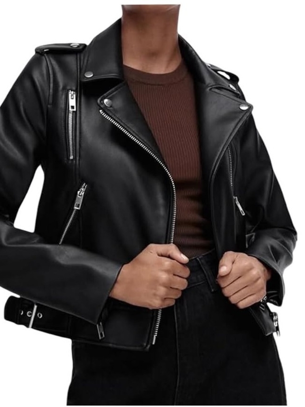 Zara Black Faux Leather Moto Jacket with Silver Hardware